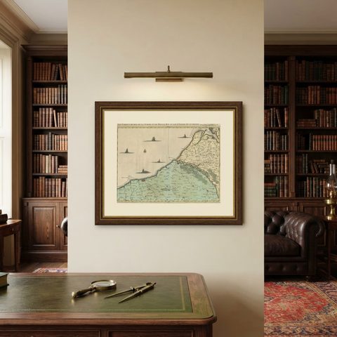Beautiful Antique Map of the French Coast, from St. Valeri to Dieppe, 1720, shown framed on a wall
