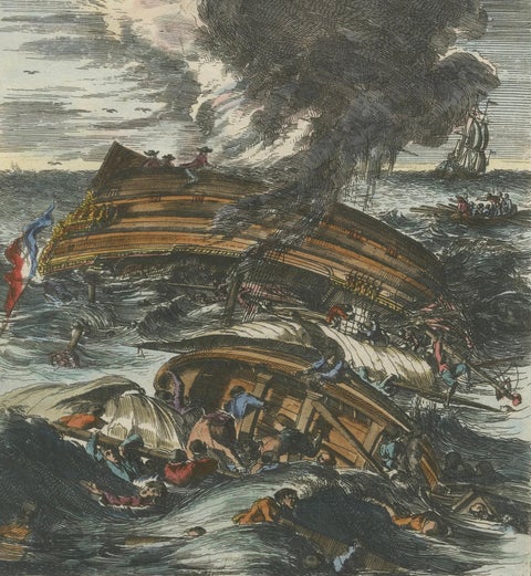 Capsizing Warships, Hand-Colored Etching of Schouten’s East Indian Voyage, 1676, close-up 1