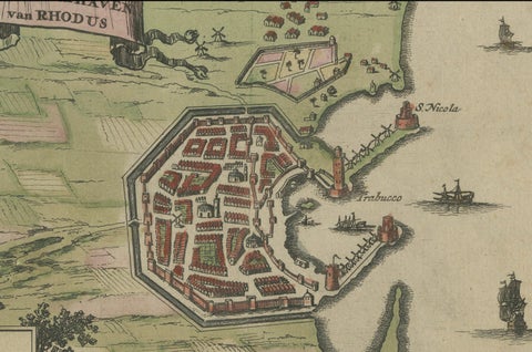City and Harbour of Rhodes, Olfert Dapper, 1688 Hand-Coloured Engraving, close-up 3