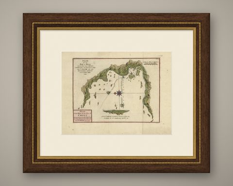 Chile Coast Bay Map, Antique 1749 Chart by Anson from Voyage Around the World, shown framed