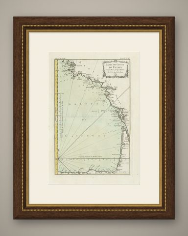 Antique Map of the Coast of France Between Brest and Bayonne, shown framed