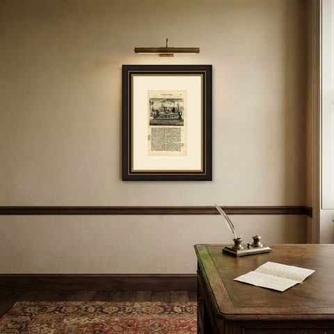 Antique Print of a Japanese Pleasure or Galley Yacht (1669), shown framed on a wall