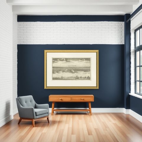 Antique Print with Views of Cape Blanco on the Patagonia / Argentina Coast, 1749, shown framed in a room