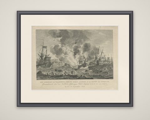 Antique Print of the Exploding of the 'Alphen' in the Harbour of Curacao, 1779, shown framed
