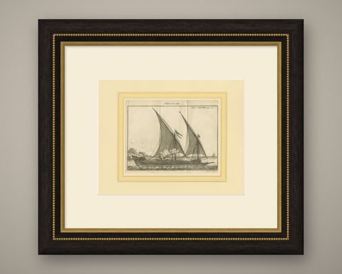 Antique Print of a Sailing Galley by Pluche '1735', shown framed