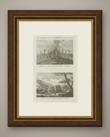 Hawaii Religious Site & Village Engravings, Owhyhee, Cook Voyage, c.1790, shown framed