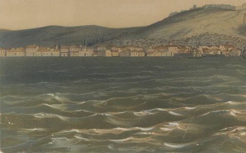 View of the Dardanelles: Fortified Hill and Ships, Hand-Colored Lithograph, 1840, close-up 1