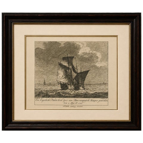 American Privateer Captures an English Packet Boat, 1777 Maritime Engraving