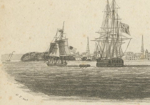 New York Harbor Panorama, sailing ships & city skyline, British engraving, 18050, close-up 2