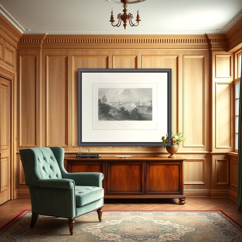 The City of Detroit, View from Canadian Shore, Antique Harbor Engraving, c.1872, shown framed in a room