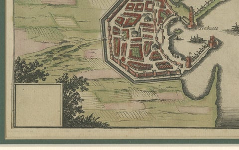 City and Harbour of Rhodes, Olfert Dapper, 1688 Hand-Coloured Engraving, close-up 1