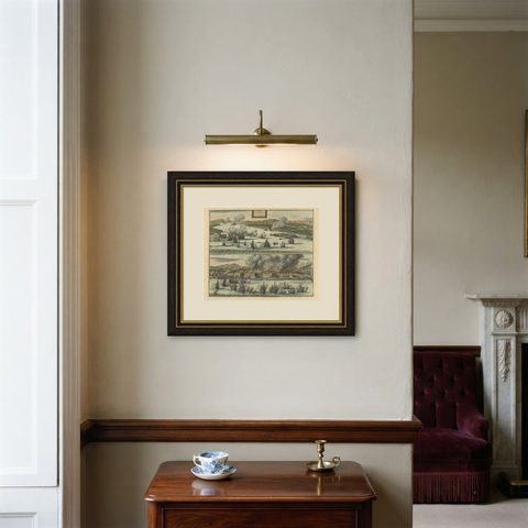 Antique Print of the Dutch VOC Bombing Palembang, Sumatra (Indonesia), ca.1700, shown framed on a wall