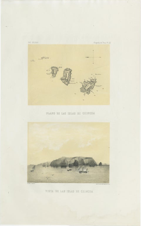Chincha Islands Antique Lithograph 1865, Map & Coastal Scene, Peru, view 2