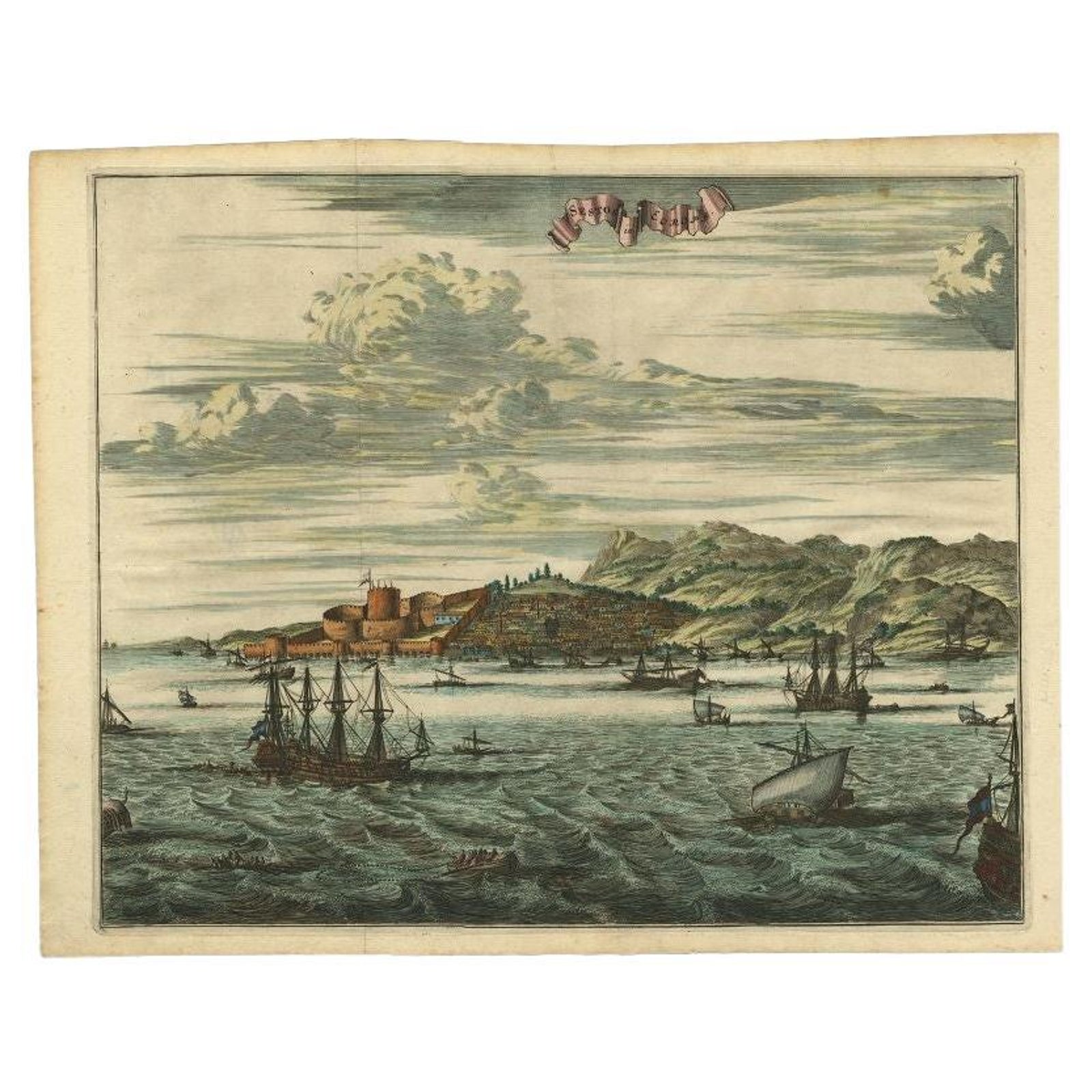 Antique Print of Sestos in Turkey with Ships , circa 1680