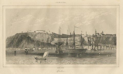 Antique View of Quebec City from the Water, Canadian Harbour Scene, c.1850, close-up 4