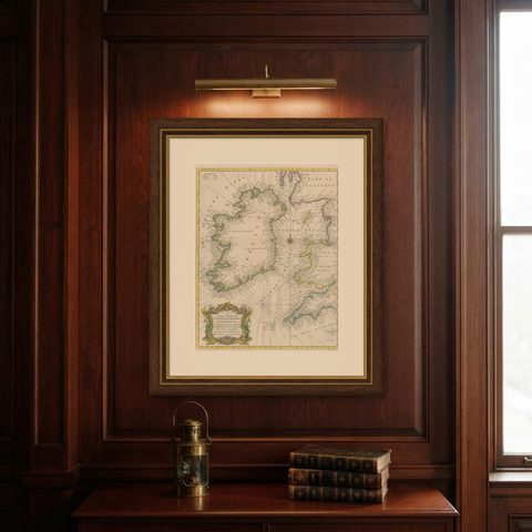 Hand-colored Nautical Chart: St. George's Channel and the Irish Sea, 1744, shown framed on a wall