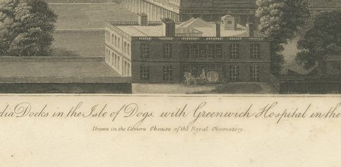 The West India Docks in the Isle of Dogs, Antique London Engraving, 1804, close-up 1