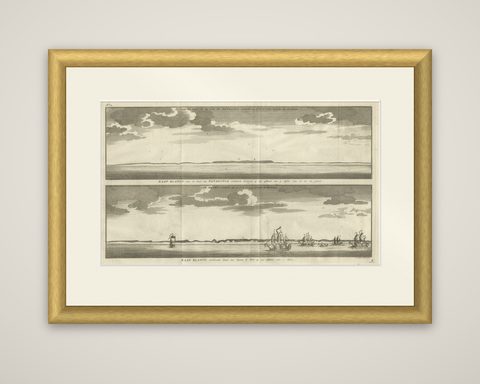 Antique Print with Views of Cape Blanco on the Patagonia / Argentina Coast, 1749, shown framed