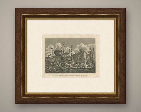 Naval Might of Tahiti: War Canoes Observed by Captain Cook, circa 1817, shown framed
