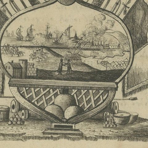 18th-Century German Engraving, Allegory of War, Poem & Naval View, close-up 4