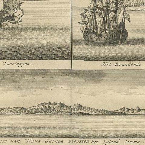 Old Print of VOC Ships & Native Fisherman and Coastal Views of New Guinea, 1726, close-up 4