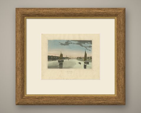 Antique View of Amsterdam with Sailing Boats, Hand-Colored Print c.1818, shown framed
