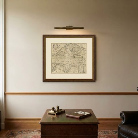 Two Original Antique Engravings with the Dutch and German North Sea Coast, c1650, shown framed on a wall