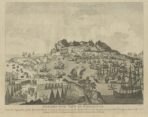 Antique Print of Gibraltar Showing the Spanish and English Fleet, 1782, close-up 1