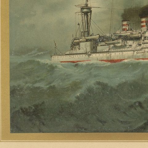 SMS Wörth: German Pre-Dreadnought Battleship in Stormy Seas, 1903 Chromolitho, close-up 4