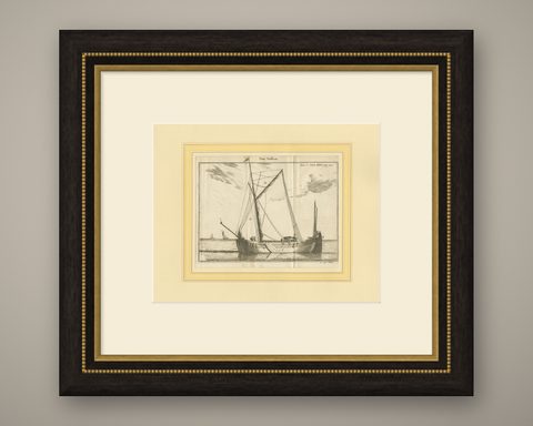 Antique Print of a Small Vessel by Pluche '1735', shown framed