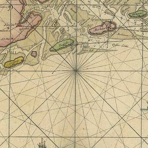 Old Decorative & Highly Detailed Sea Chart of the North Dutch-German Coast, 1681, close-up 2