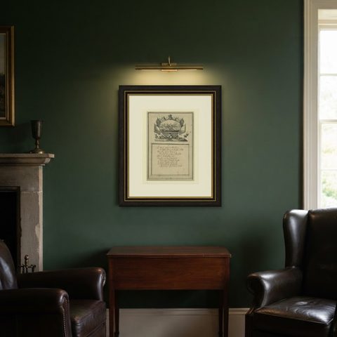 18th-Century German Engraving, Allegory of War, Poem & Naval View, shown framed in a room