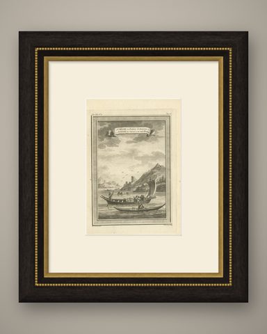Antique Print of a Woman's Boat Know as Imiak and a Kayak for Men, 1770, shown framed