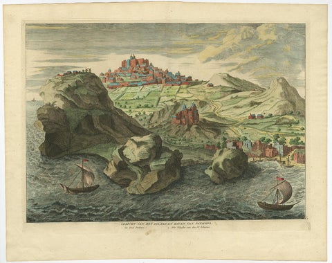 Old Engraving the City and Harbour of Pathmos, Patmos or Patimo in Greece, 1725, view 2