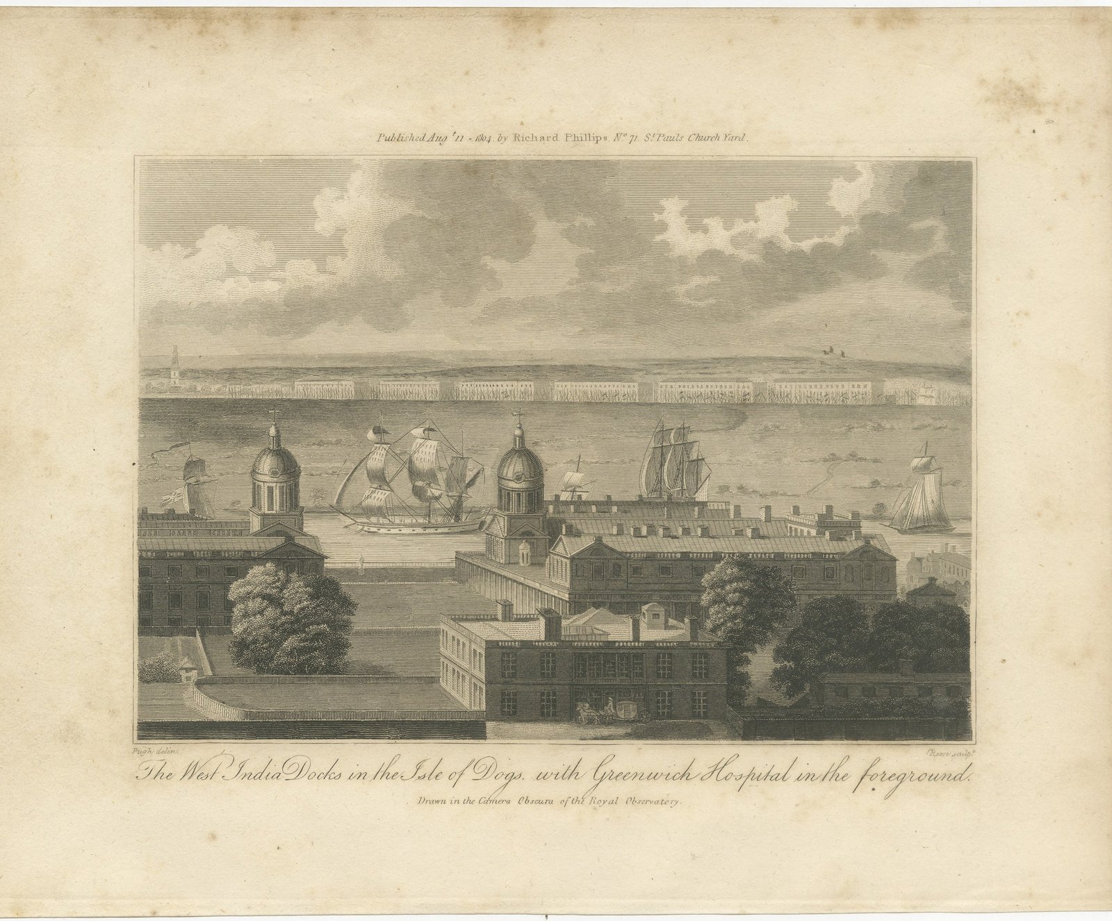 The West India Docks in the Isle of Dogs, Antique London Engraving, 1804