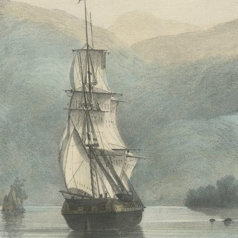 Antique Print of a Ship Near the Coast of Sumatra, Indonesia, c.1845, close-up 3