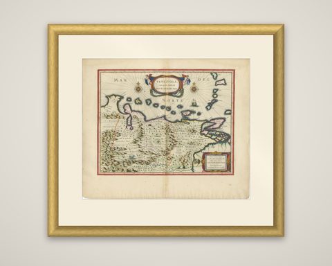 Blaeu Venezuela Map, Decorative Caribbean & Nueva Andalusia Chart 1642, shown framed