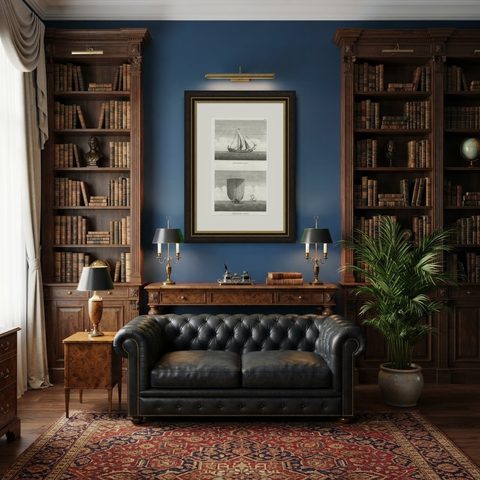Antique Print of Two Japanese Vessels, 1799, shown framed in a room