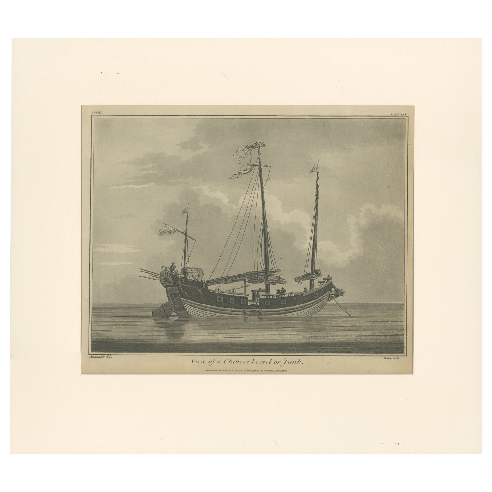 View of a Chinese Junk, Antique Maritime Engraving, Published 1802