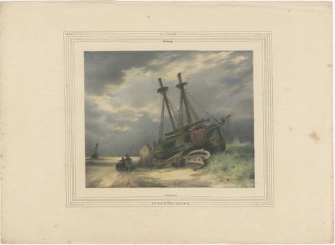 1835 Hand-Colored Lithograph: Stranded Ship in Winter Landscape, view 2