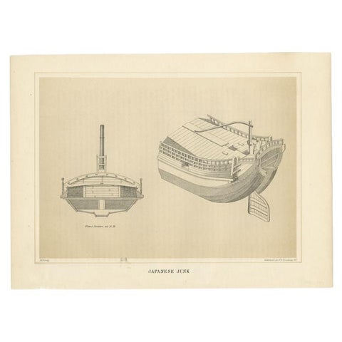 Antique Print of a Japanese Junk Cross Section, 1856