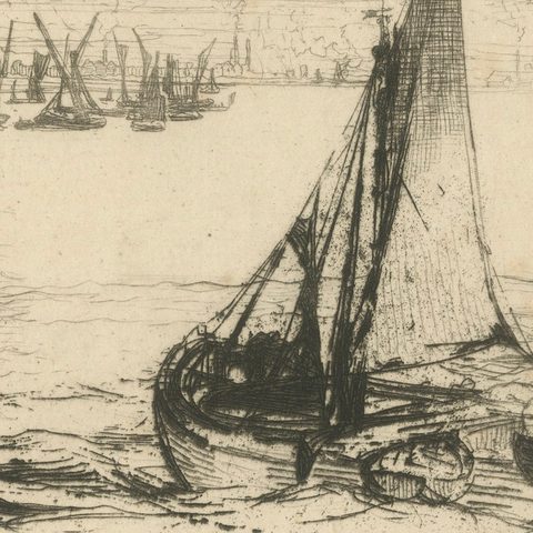 A Brig at Anchor, Thames, Haden, 1870, British Etching Revival, close-up 3