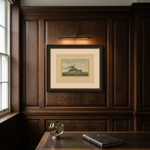 SMS Siegfried: Chromolithograph of a German Coastal Defense Ship from the 1890s, shown framed on a wall