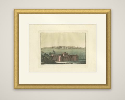 Boston Harbor View from Castle William, Hand-Colored Aquatint by Fumagalli, 1827, shown framed