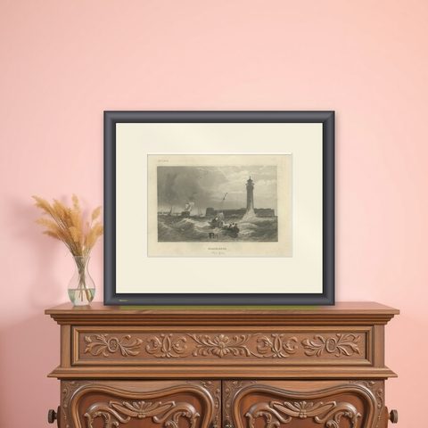 Black Rock New York Harbor Lighthouse, Antique Steel Engraving c.1850, shown framed on a wall