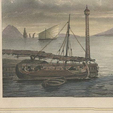 Old Print of Ships near Anyer & Krakatoa in the Sunda Straits, Indonesia, 1844, close-up 2
