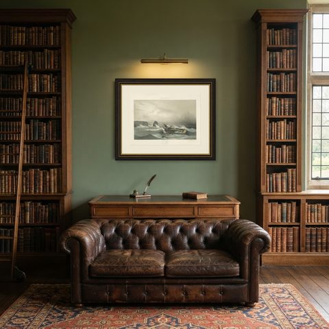 Antique Ship Print 'La Bellone' by Durand-Brager, circa 1850, shown framed in a room