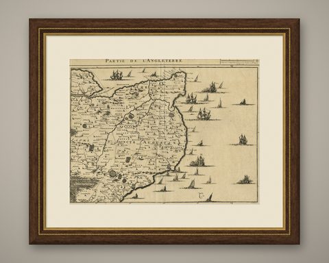 Uncommon Antique Map of the English Channel Coastline, ca.1709, shown framed