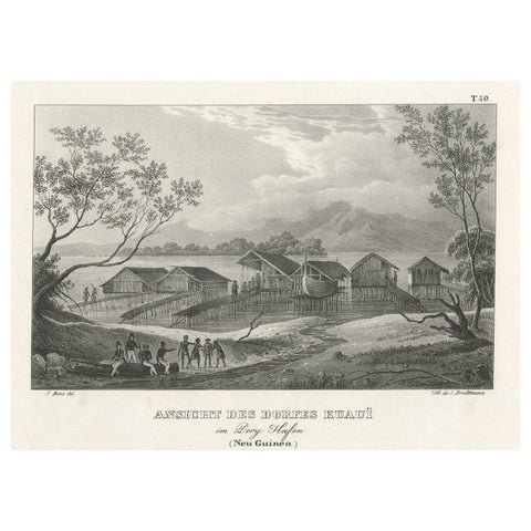 Original Lithograph with a Scene of a Village and Harbour in New Guinea, c.1836