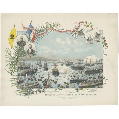 Naval lithograph of Russian fleet arriving in Toulon, France, in 1893